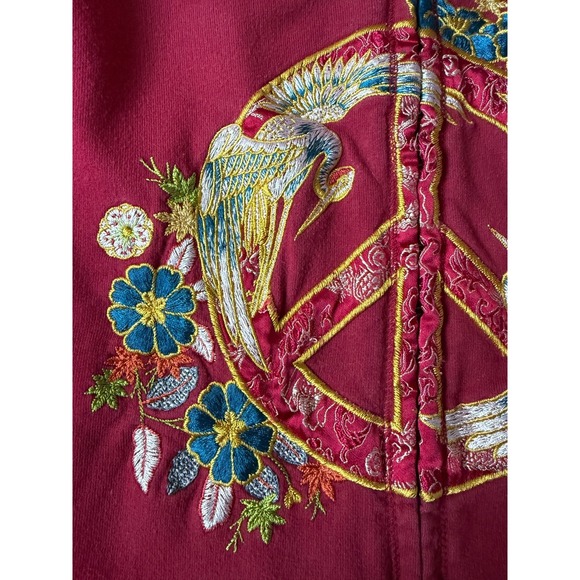 Lucky Brand Embroidered Zip Hoodie Asian Art Bird Floral Graphic Red Size XL - Picture 11 of 16